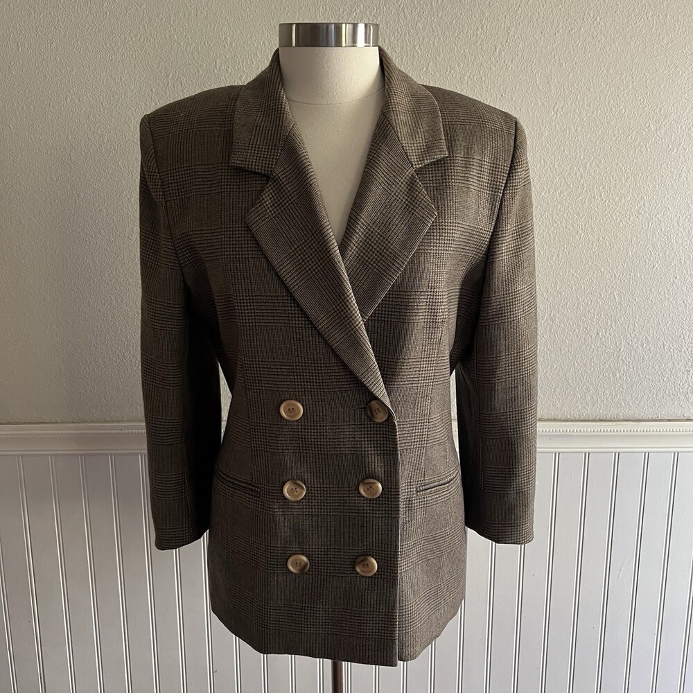 Vintage Braemar by Jeremy Scott Houndstooth Blazer 100% Wool Brown Petite L